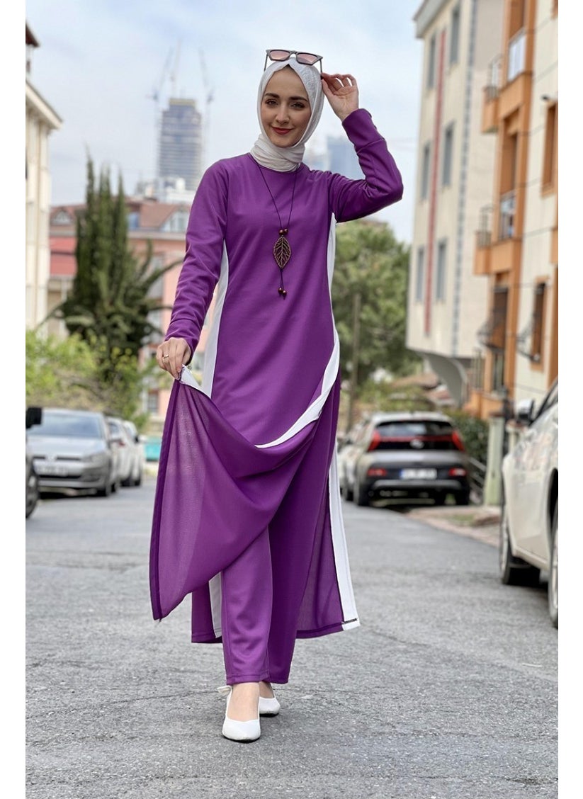 Sefa Merve - Slit Detailed Hijab Suit 0327-07 Lilac - Image 1