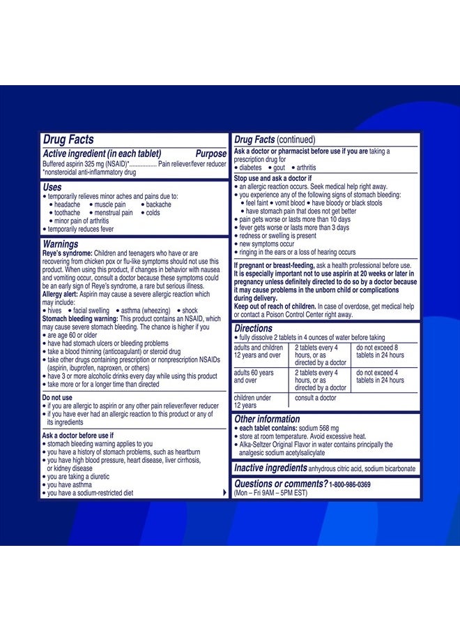 Alka-Seltzer - Effervescent Tablets Original Flavor Fast Multisymptom Relief Dissolvable Effervescent Fizzy Tablets 72 Ct Package May Vary - Image 1