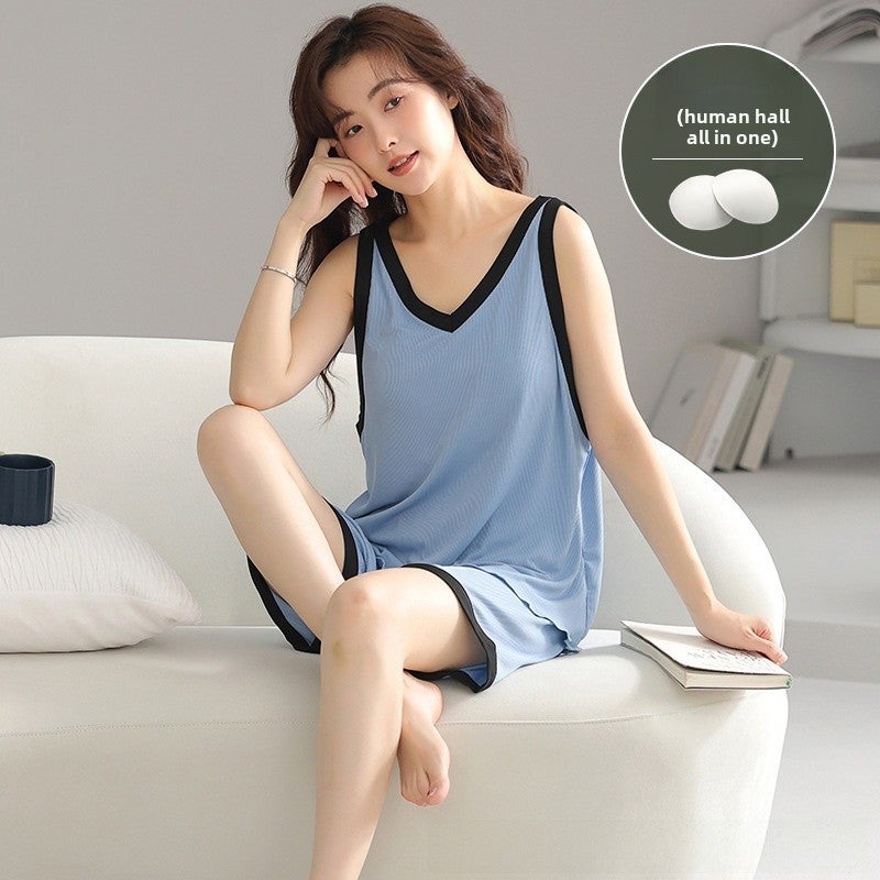 Summer Sleeveless Pajama Set with Built-In Bra Pad Y21076 [integrated chest pad]] 