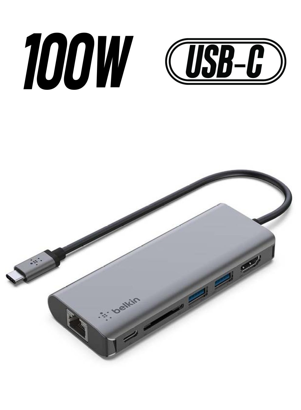 Belkin USB C Hub, 6-in-1 MultiPort Adapter Dock with 4K HDMI, USB-C 100W PD Pass-Through Charging, 2 x USB A, Gigabit Ethernet Ports and SD Slot for MacBook Pro, Air, iPad Pro, XPS and More Gray