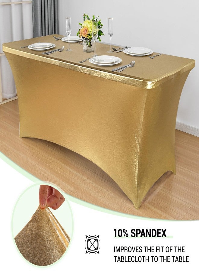 Obstal 6ft Stretch Spandex Table Cover for Standard Folding Tables - Universal Rectangular Fitted Tablecloth Protector for Wedding, Banquet and Party, 72L x 30W x 30H Inches, Stamping Gold, 2pc - Image 2