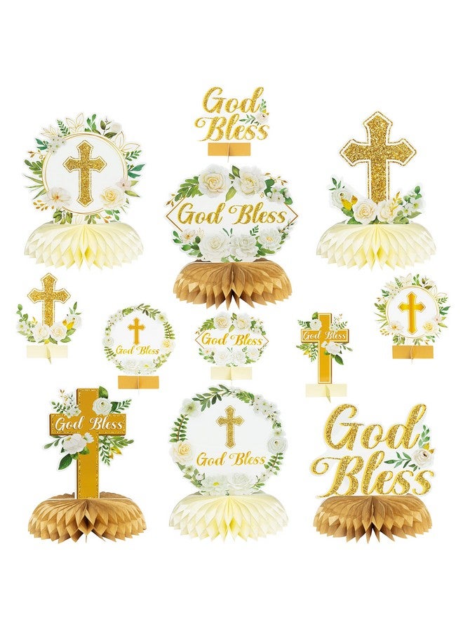 ANGOLIO White Gold Floral Honeycomb Centerpieces - 12Pcs Rose Greenery God Baptism Honeycomb Centerpieces Baby Shower Decor For Boy Girl Party Decor 3D Table Toppers God Bless First Communion Birthday - Image 1