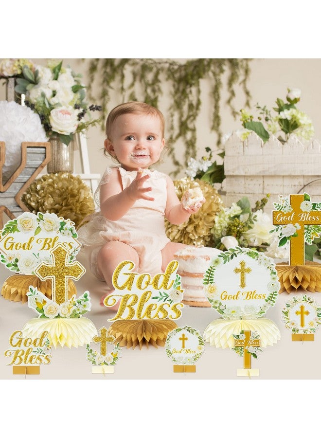 ANGOLIO White Gold Floral Honeycomb Centerpieces - 12Pcs Rose Greenery God Baptism Honeycomb Centerpieces Baby Shower Decor For Boy Girl Party Decor 3D Table Toppers God Bless First Communion Birthday - Image 5