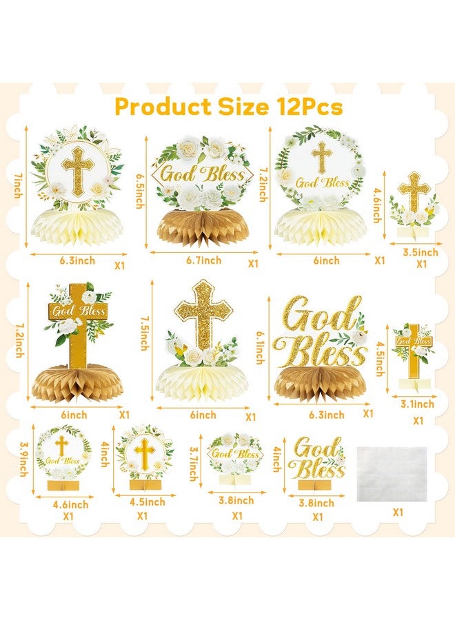 ANGOLIO White Gold Floral Honeycomb Centerpieces - 12Pcs Rose Greenery God Baptism Honeycomb Centerpieces Baby Shower Decor For Boy Girl Party Decor 3D Table Toppers God Bless First Communion Birthday - Image 2