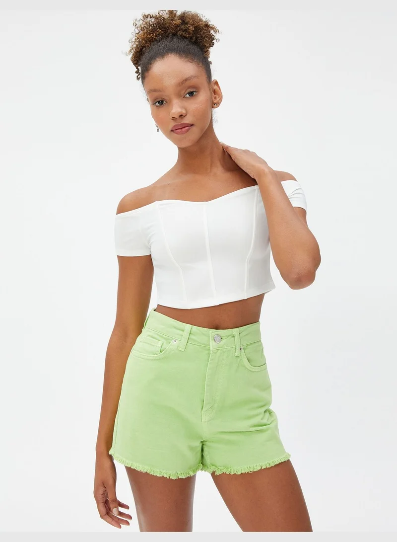 KOTON Sweetheart Neckline Corset Detail Off Shoulder Crop T-Shirt