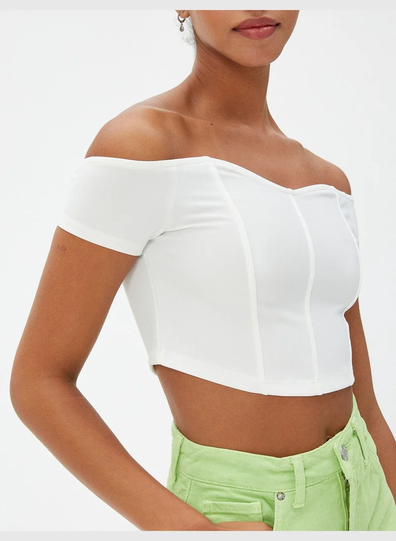 KOTON Sweetheart Neckline Corset Detail Off Shoulder Crop T-Shirt
