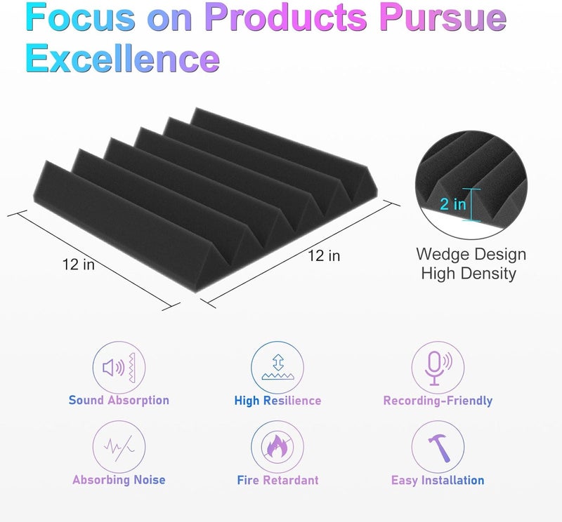 Jber Acoustic Panels Studio Foam Wedges Fireproof Soundproof Padding Wall Panels 2" X 12" X 12" (24 Pack Wedge 2" - Charcoal) - Image 2