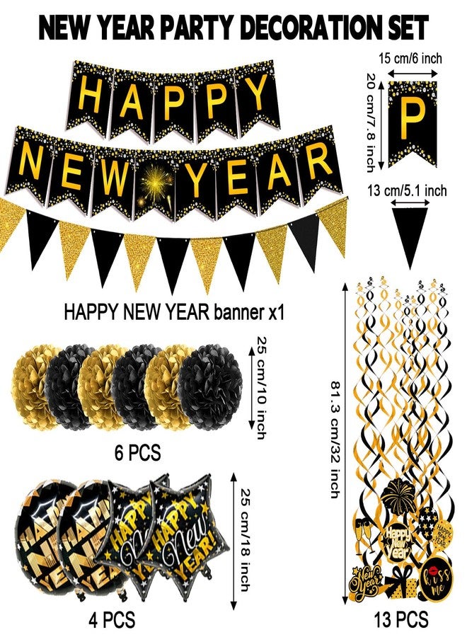 Famoby HAPPY NEW YEAR Paper Banner Triangle Flag Bunting Pom poms Swirls Streamers & Balloons for New year Party Decoration - Image 2