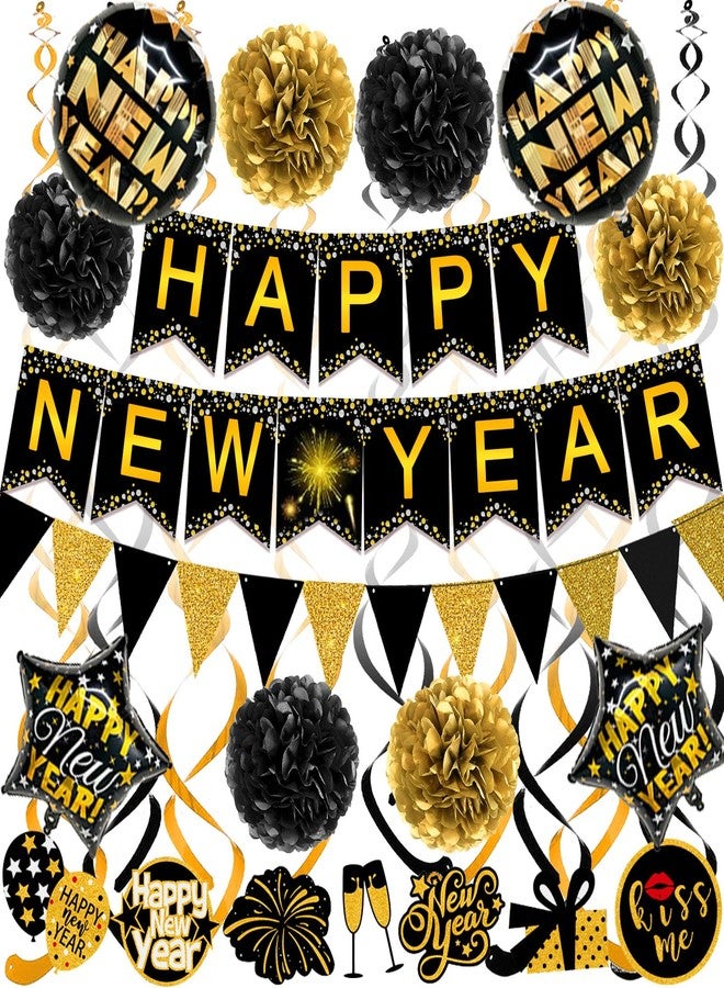 Famoby HAPPY NEW YEAR Paper Banner Triangle Flag Bunting Pom poms Swirls Streamers & Balloons for New year Party Decoration - Image 1