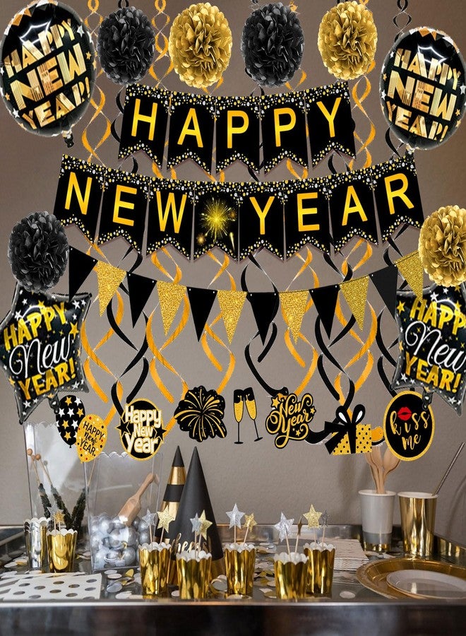 Famoby HAPPY NEW YEAR Paper Banner Triangle Flag Bunting Pom poms Swirls Streamers & Balloons for New year Party Decoration - Image 3