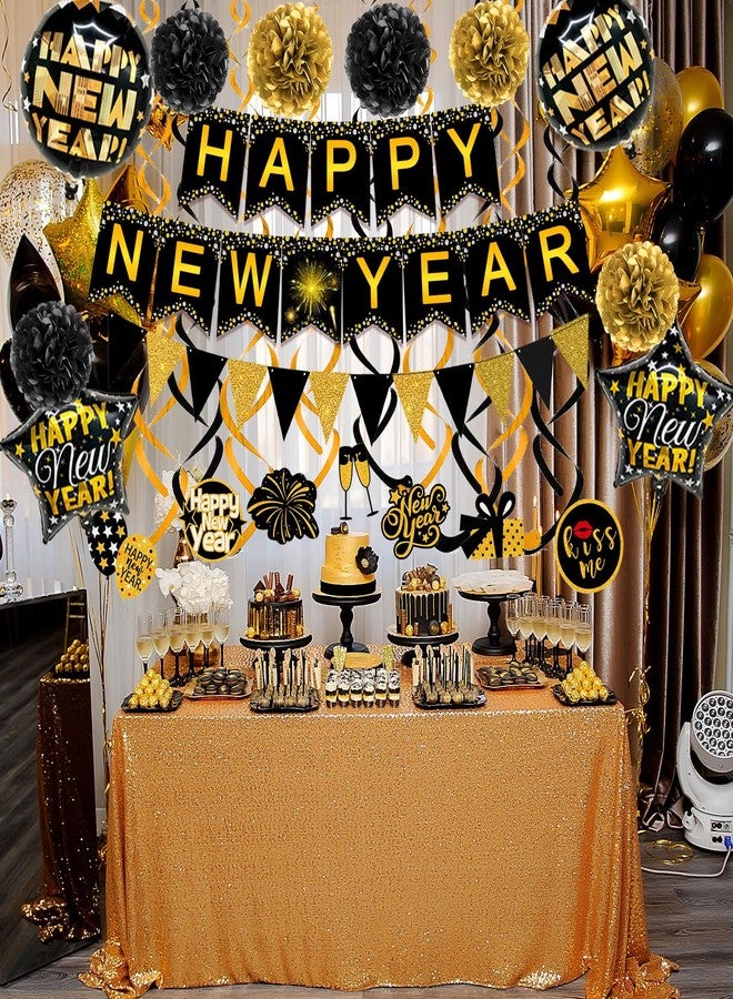 Famoby HAPPY NEW YEAR Paper Banner Triangle Flag Bunting Pom poms Swirls Streamers & Balloons for New year Party Decoration - Image 4