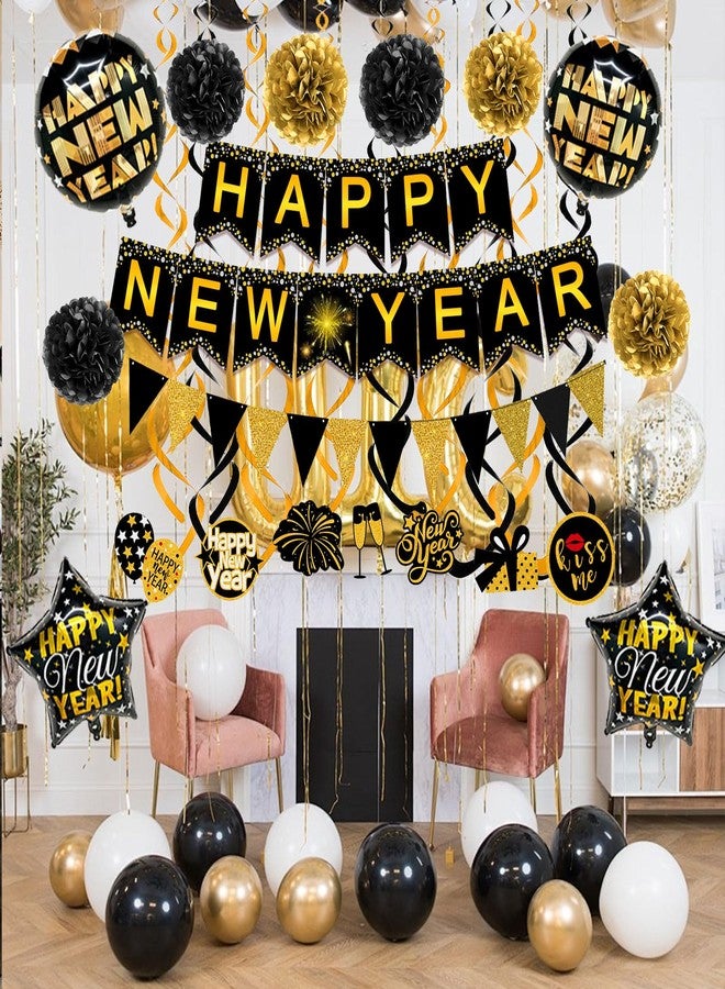 Famoby HAPPY NEW YEAR Paper Banner Triangle Flag Bunting Pom poms Swirls Streamers & Balloons for New year Party Decoration - Image 5