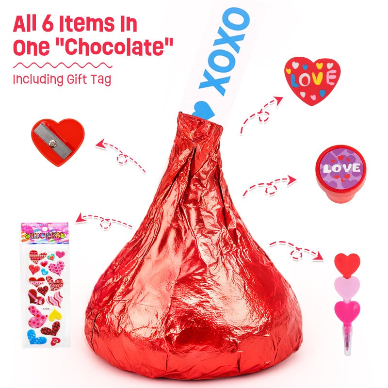 MOREDOTS Valentines Day Gifts for Kids - 24 Pack Giant Chocolate-Shaped Stationery Set with Pencils Stickers Gift Tags Erasers Stamper Sharperner - Valentine Party Favors Classroom School Exchange Boys Girls - Image 2