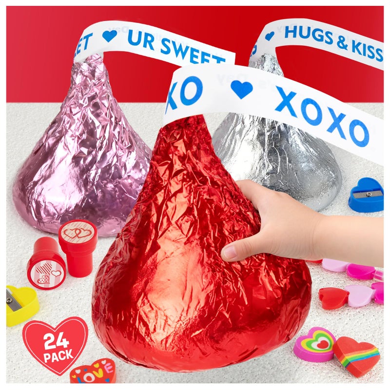MOREDOTS Valentines Day Gifts for Kids - 24 Pack Giant Chocolate-Shaped Stationery Set with Pencils Stickers Gift Tags Erasers Stamper Sharperner - Valentine Party Favors Classroom School Exchange Boys Girls - Image 1