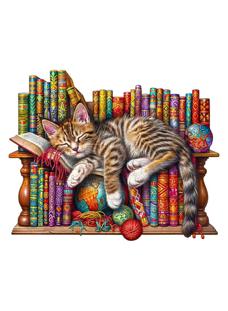 GALADUNE 190 pcs Jigsaws Puzzles for Adult & Kids Teens, Wooden Puzzles, DIY Educational Development Stress Relief Toys, Unique Ramadan Gift Souvenir, Natural Style Home Decorations, Sleeping Cat and Bookshelf Pattern - Image 1