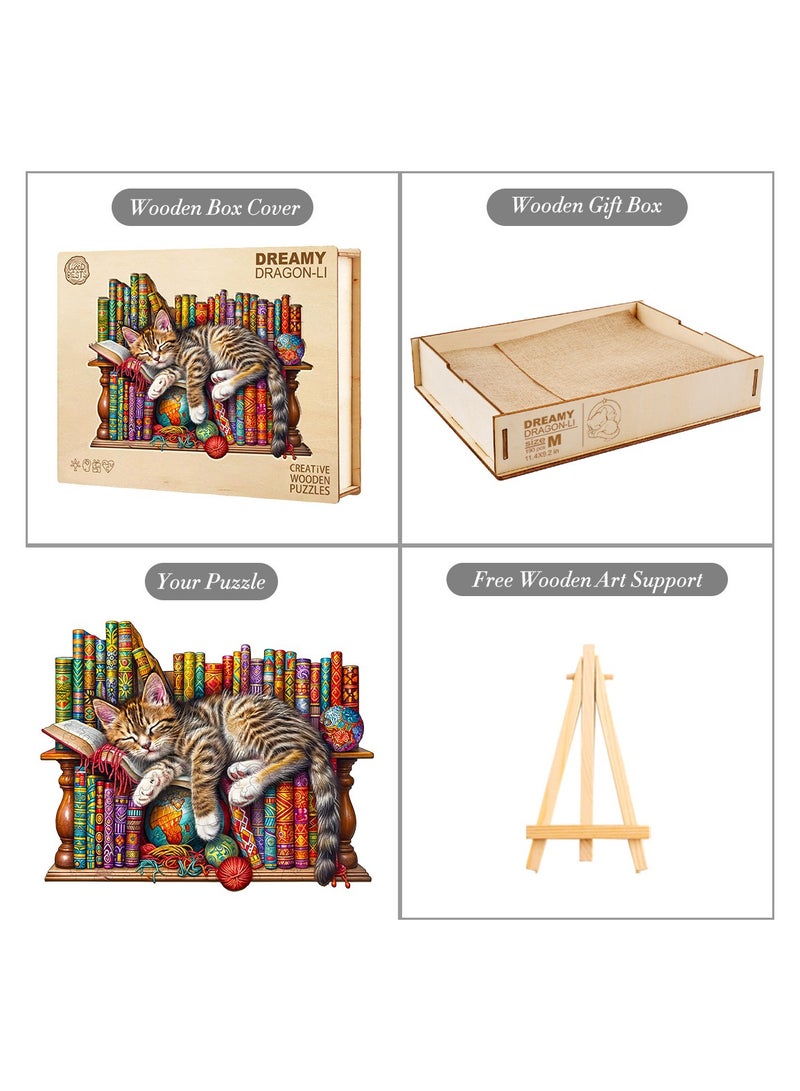 GALADUNE 190 pcs Jigsaws Puzzles for Adult & Kids Teens, Wooden Puzzles, DIY Educational Development Stress Relief Toys, Unique Ramadan Gift Souvenir, Natural Style Home Decorations, Sleeping Cat and Bookshelf Pattern - Image 4