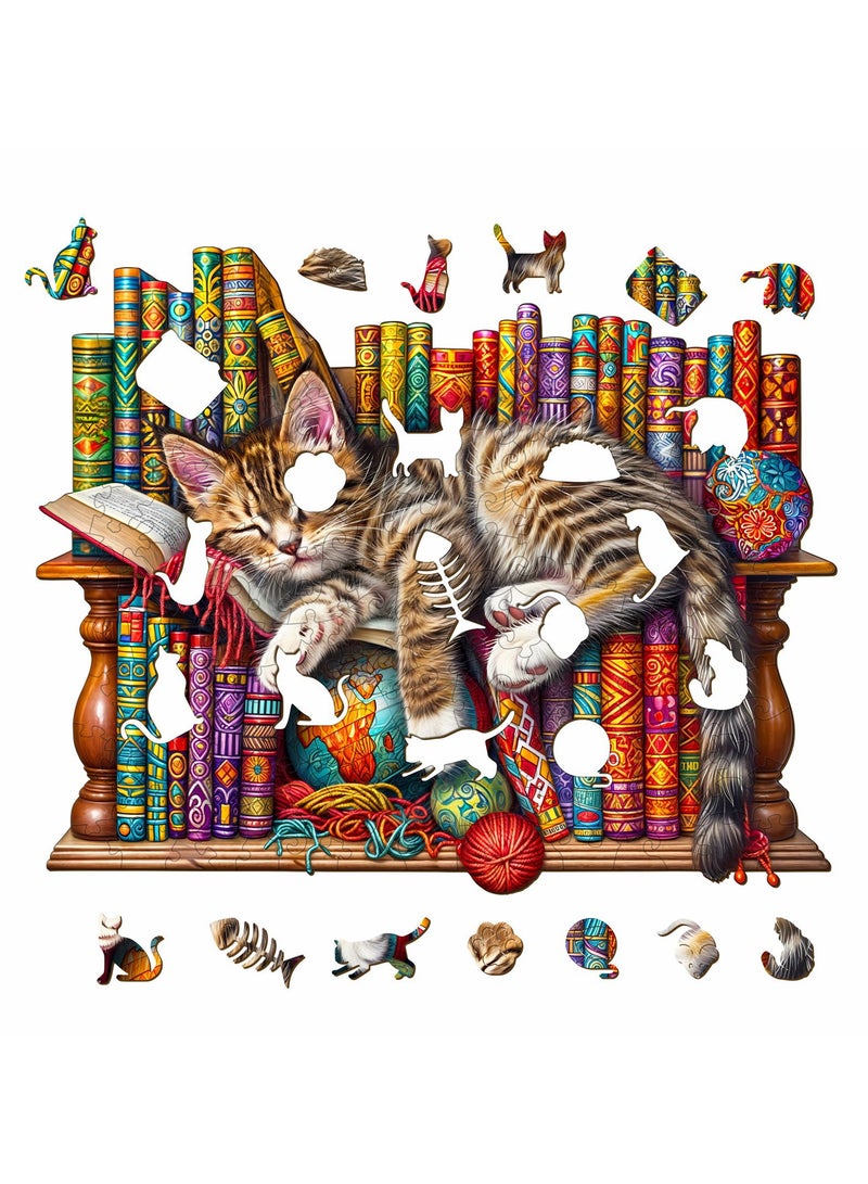 GALADUNE 190 pcs Jigsaws Puzzles for Adult & Kids Teens, Wooden Puzzles, DIY Educational Development Stress Relief Toys, Unique Ramadan Gift Souvenir, Natural Style Home Decorations, Sleeping Cat and Bookshelf Pattern - Image 5