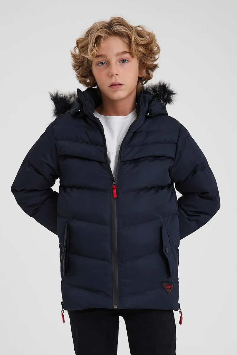 سيفيست Navy Blue Detachable Hooded Furry Thick Puffer Boy Coat & Jacket