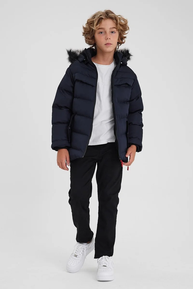سيفيست Navy Blue Detachable Hooded Furry Thick Puffer Boy Coat & Jacket