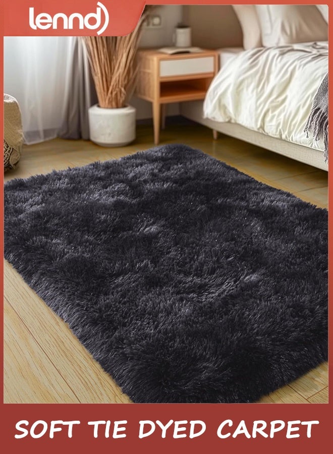 لينند مساحة صغيرة السجاد, 120 سم * 160 سم السجاد لغرفة النوم شاغي رمي السجاد لسجاد النوم, ناعمة ربطة مصبوغة السجاد لغرفة الأطفال, فلاش غير انزلاق السجاد الناعمة على جانب السرير للديكور المنزلي الجمالية,أسود رمادي ربطة مصبوغة - Image 1