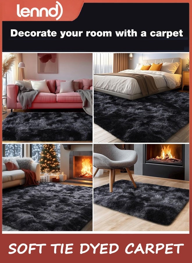 لينند مساحة صغيرة السجاد, 120 سم * 160 سم السجاد لغرفة النوم شاغي رمي السجاد لسجاد النوم, ناعمة ربطة مصبوغة السجاد لغرفة الأطفال, فلاش غير انزلاق السجاد الناعمة على جانب السرير للديكور المنزلي الجمالية,أسود رمادي ربطة مصبوغة - Image 3
