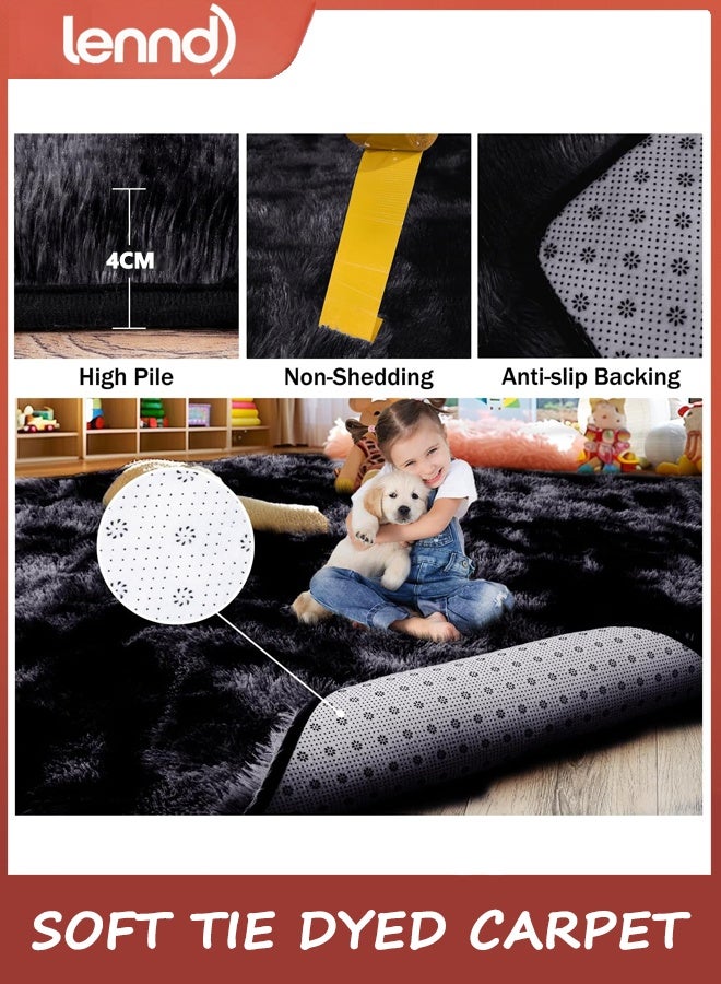 لينند مساحة صغيرة السجاد, 120 سم * 160 سم السجاد لغرفة النوم شاغي رمي السجاد لسجاد النوم, ناعمة ربطة مصبوغة السجاد لغرفة الأطفال, فلاش غير انزلاق السجاد الناعمة على جانب السرير للديكور المنزلي الجمالية,أسود رمادي ربطة مصبوغة - Image 4