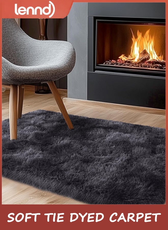 لينند مساحة صغيرة السجاد, 120 سم * 160 سم السجاد لغرفة النوم شاغي رمي السجاد لسجاد النوم, ناعمة ربطة مصبوغة السجاد لغرفة الأطفال, فلاش غير انزلاق السجاد الناعمة على جانب السرير للديكور المنزلي الجمالية,أسود رمادي ربطة مصبوغة - Image 2