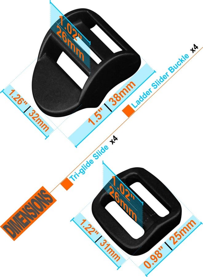 LASIGHT Ladder Slider Buckle for 1" Webbing: 4 Set Plastic Ladder Lock Buckles and Tri-glide Slide Clips Adjustable/Lockable Fit 1 inch (25mm) Wide Nylon Web Strap, Black, 1 inch - Image 3