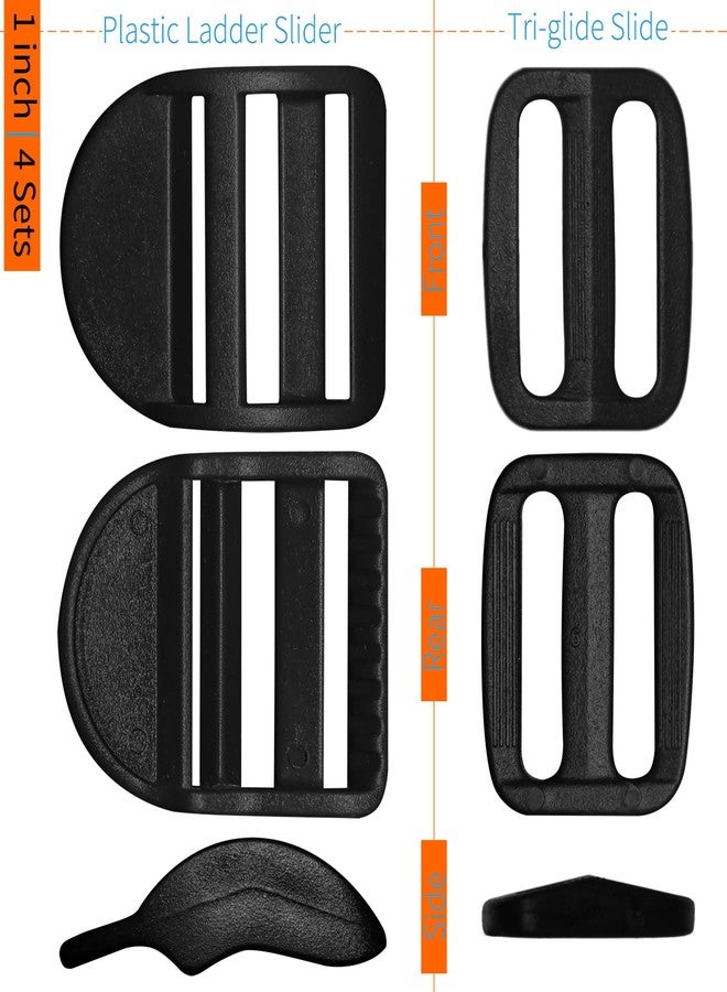 LASIGHT Ladder Slider Buckle for 1" Webbing: 4 Set Plastic Ladder Lock Buckles and Tri-glide Slide Clips Adjustable/Lockable Fit 1 inch (25mm) Wide Nylon Web Strap, Black, 1 inch - Image 4