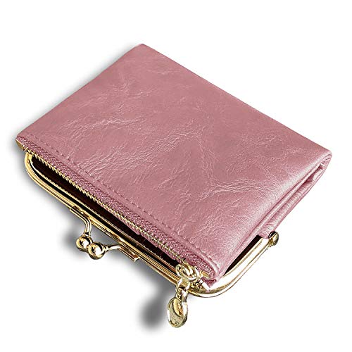 AOXONEL Womens Wallet Small Rfid Ladies Compact Bifold Leather Vintage Coin Purse With Zipper and Kiss Lock (Pink) - Image 1