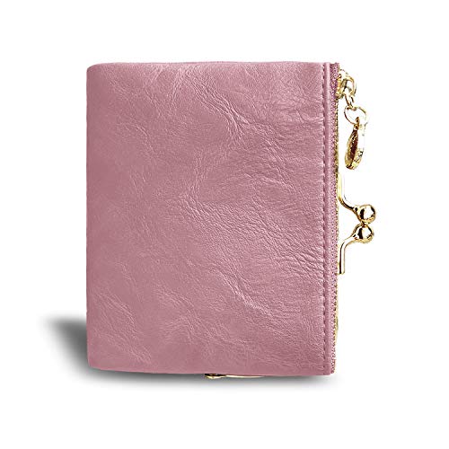 AOXONEL Womens Wallet Small Rfid Ladies Compact Bifold Leather Vintage Coin Purse With Zipper and Kiss Lock (Pink) - Image 4