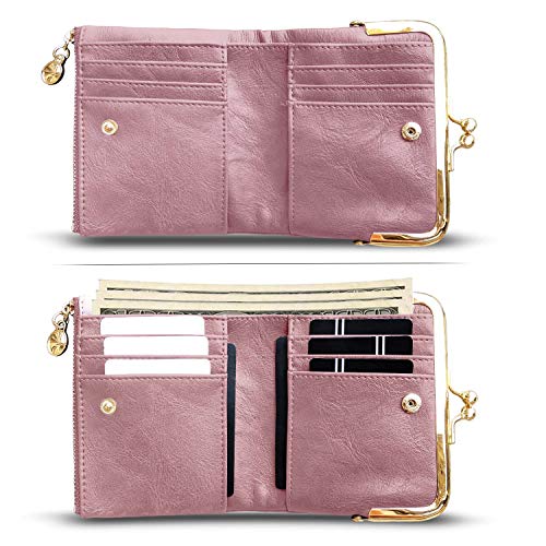 AOXONEL Womens Wallet Small Rfid Ladies Compact Bifold Leather Vintage Coin Purse With Zipper and Kiss Lock (Pink) - Image 2