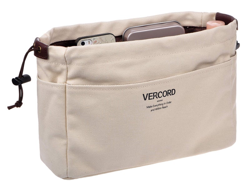 Vercord Canvas Handbag Organizers, Sturdy Purse Insert Organizer Bag in Bag, 10 Pockets Color Beige Large - Image 1