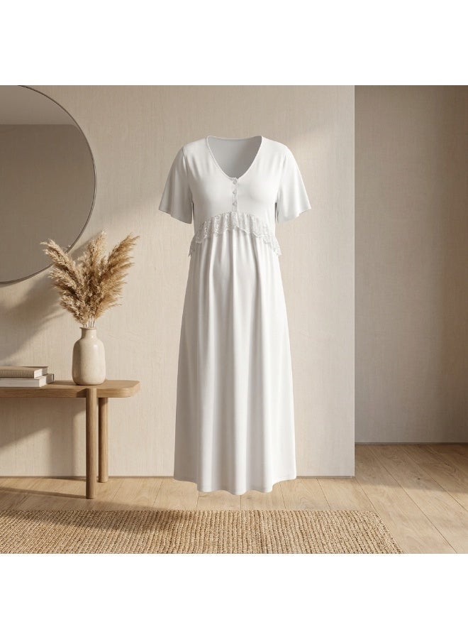 Lady Lingerie Long Maternity & Nursing Nightgown | Short Sleeve Button-Front Nightdress with Lace Detail | Soft Cotton Viscose Blend | Made in Turkey - Image 2