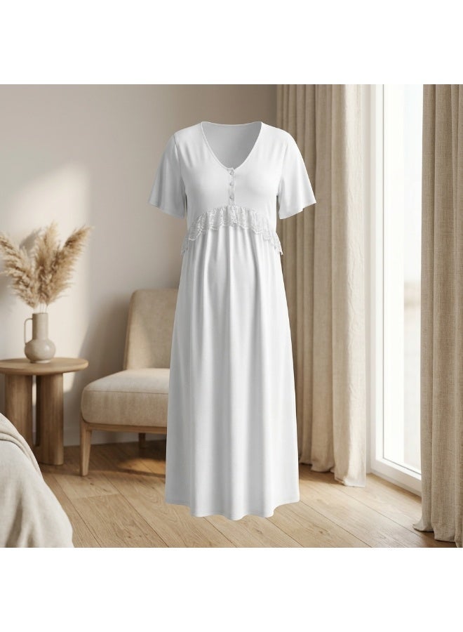 Lady Lingerie Long Maternity & Nursing Nightgown | Short Sleeve Button-Front Nightdress with Lace Detail | Soft Cotton Viscose Blend | Made in Turkey - Image 3