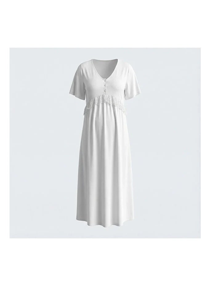 Lady Lingerie Long Maternity & Nursing Nightgown | Short Sleeve Button-Front Nightdress with Lace Detail | Soft Cotton Viscose Blend | Made in Turkey - Image 5