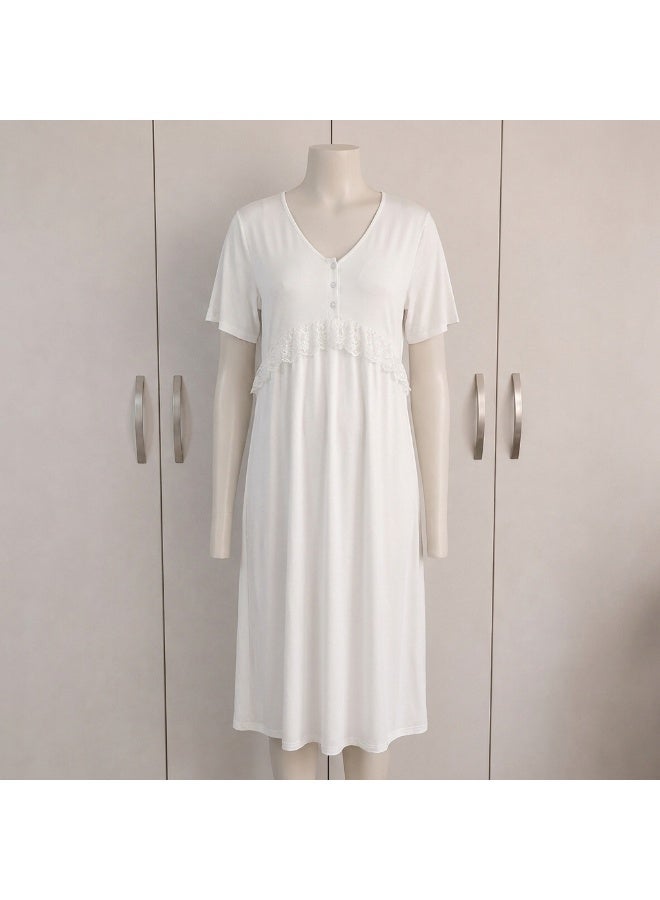 Lady Lingerie Long Maternity & Nursing Nightgown | Short Sleeve Button-Front Nightdress with Lace Detail | Soft Cotton Viscose Blend | Made in Turkey - Image 1
