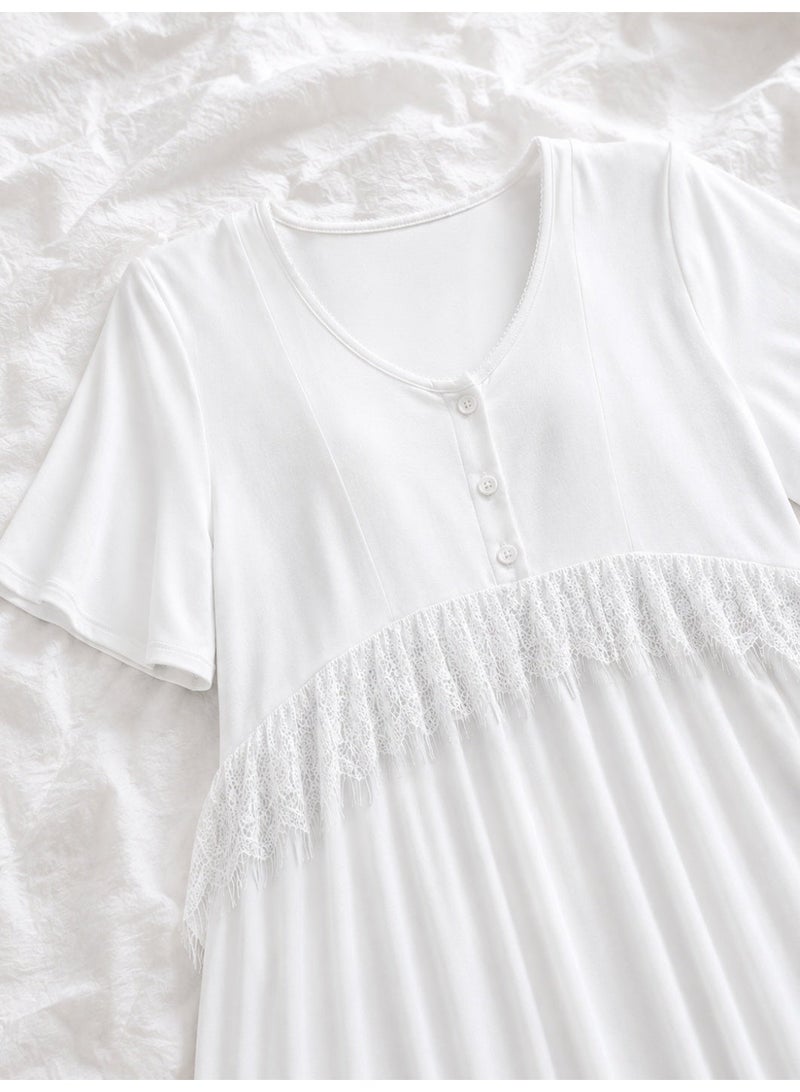 Lady Lingerie Long Maternity & Nursing Nightgown | Short Sleeve Button-Front Nightdress with Lace Detail | Soft Cotton Viscose Blend | Made in Turkey - Image 2