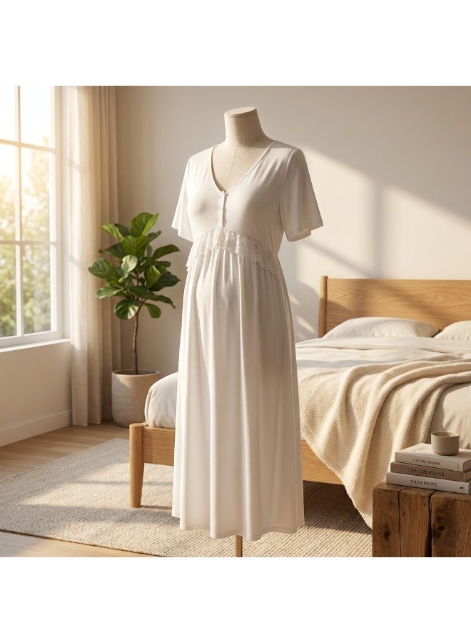 Lady Lingerie Long Maternity & Nursing Nightgown | Short Sleeve Button-Front Nightdress with Lace Detail | Soft Cotton Viscose Blend | Made in Turkey - Image 4