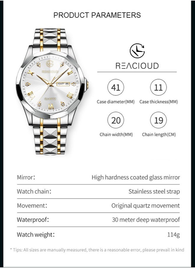 REACLOUD Watches for Men Fashion Stainless Steel Quartz Analog Water Resistant Watch  - Image 3