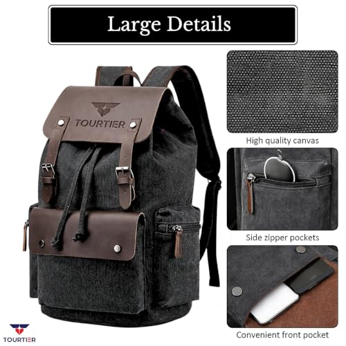 TOURTIER Canvas Travel Daypack Drawstring Backpack Flip Bag Retro Laptop Bag for Men Women (BLACK) - Image 4