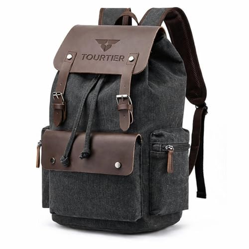 TOURTIER Canvas Travel Daypack Drawstring Backpack Flip Bag Retro Laptop Bag for Men Women (BLACK) - Image 1