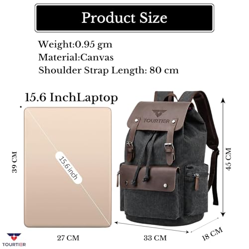 TOURTIER Canvas Travel Daypack Drawstring Backpack Flip Bag Retro Laptop Bag for Men Women (BLACK) - Image 2