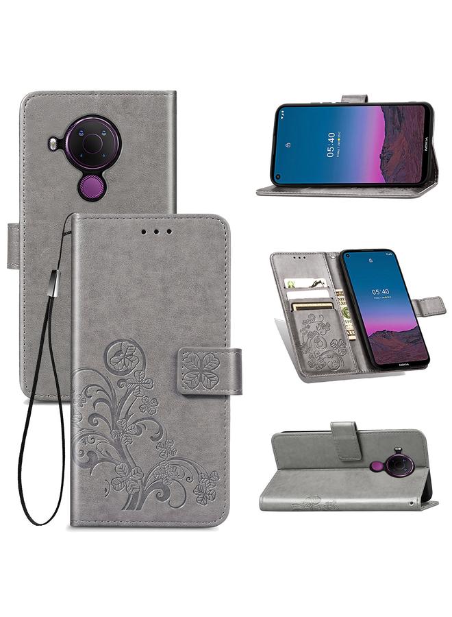 اس-توب جراب لهاتف Nokia 5.4، جراب جلدي منقوش بأربع أوراق لحماية الهاتف المحمول مع حبل وفتحة للبطاقات ومحفظة ووظيفة حامل - Image 1