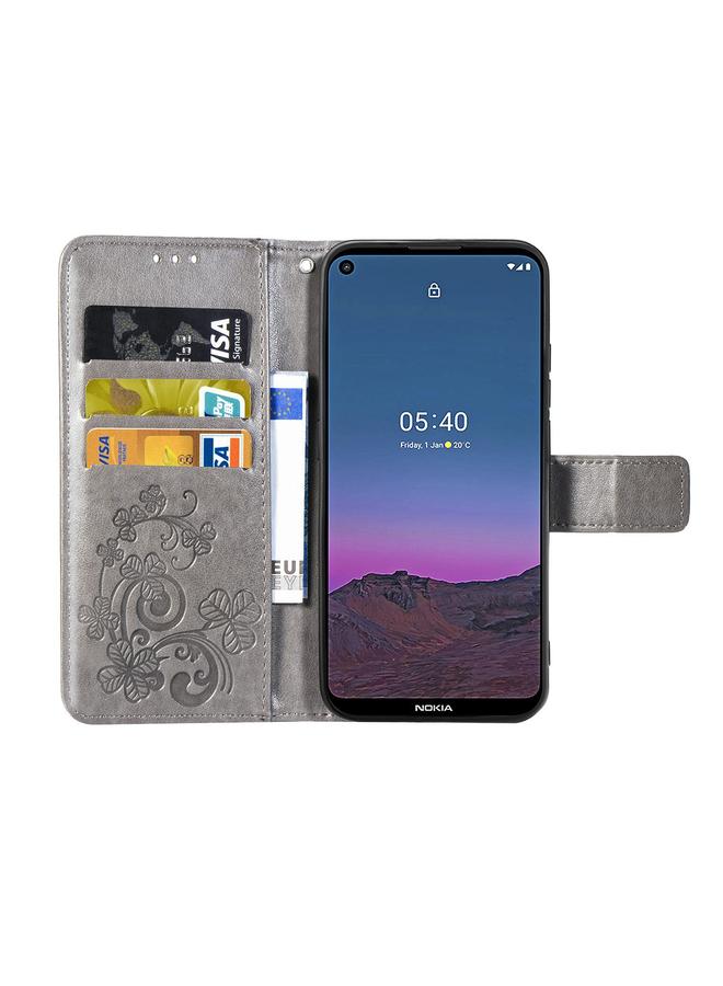 اس-توب جراب لهاتف Nokia 5.4، جراب جلدي منقوش بأربع أوراق لحماية الهاتف المحمول مع حبل وفتحة للبطاقات ومحفظة ووظيفة حامل - Image 4