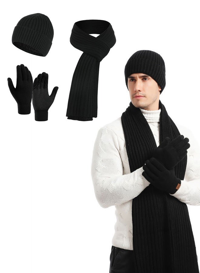 Wsstacxy 3Pcs Winter Beanie Hat Scarf Gloves Set,Winter Ski Cap Scarf and Touch Screen Mittens Gloves Set 3 Piece Warmer Set Thermal Knit Thick Fleece Lined for Men Womens - Image 1