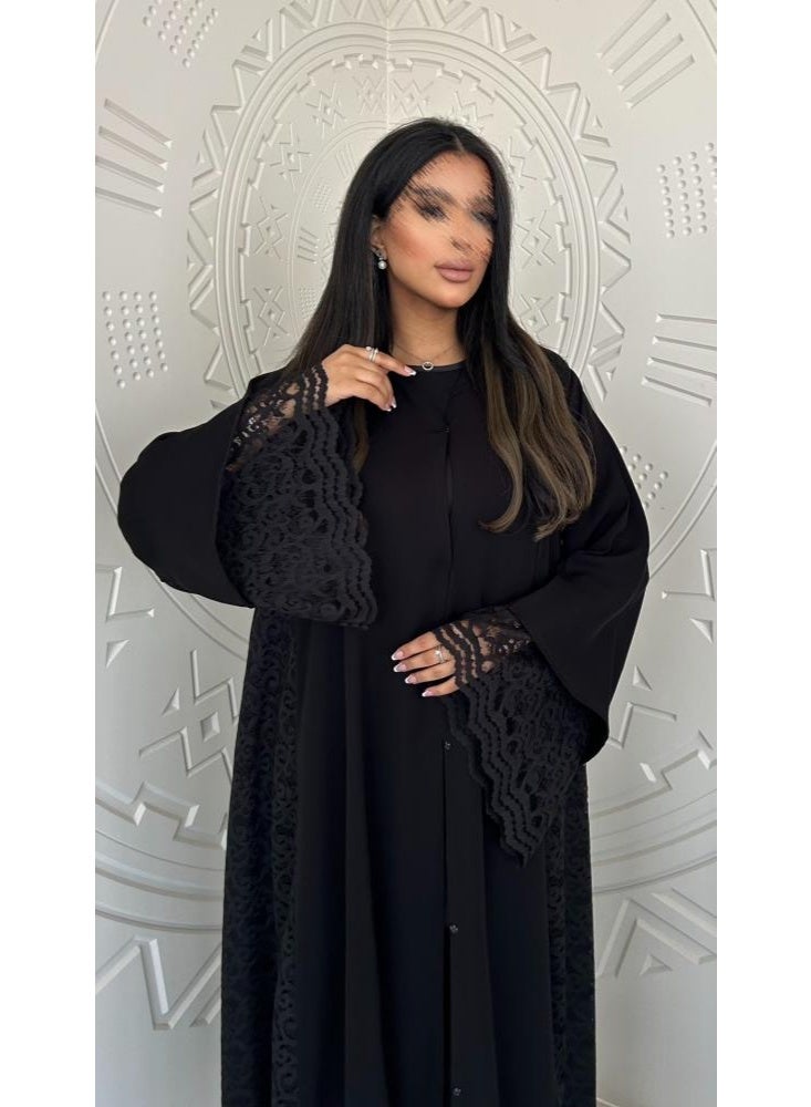 Flared Crepe Abaya with French Lace - Black - Image 1