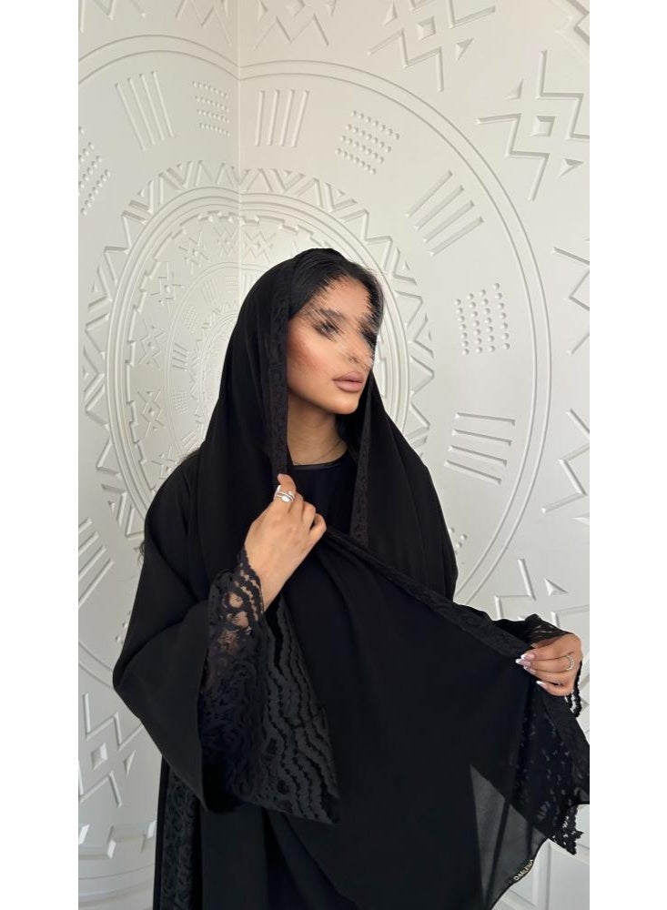 Flared Crepe Abaya with French Lace - Black - Image 3