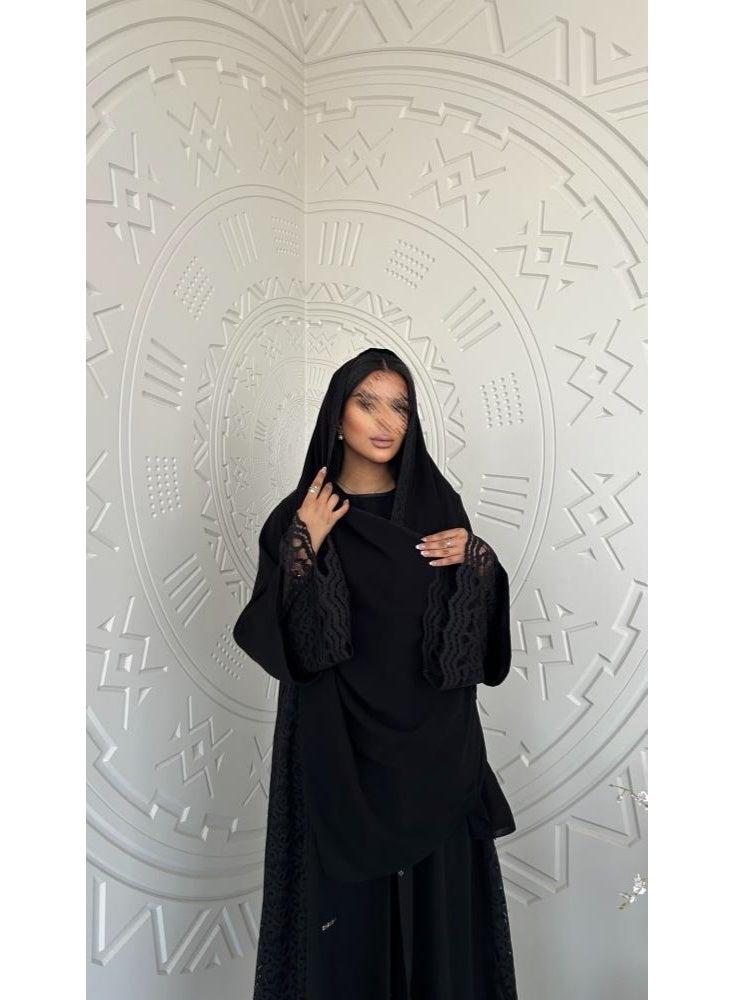 Flared Crepe Abaya with French Lace - Black - Image 2