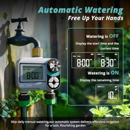 QUOBAS Brass Sprinkler Timer, Programmable Water Hose Timer for Garden Hose Faucet with Waterproof LCD Screen, Rain Delay/Manual/Automatic Irrigation Watering System for Garden, Lawn, Yard - 2 Zone - Image 3